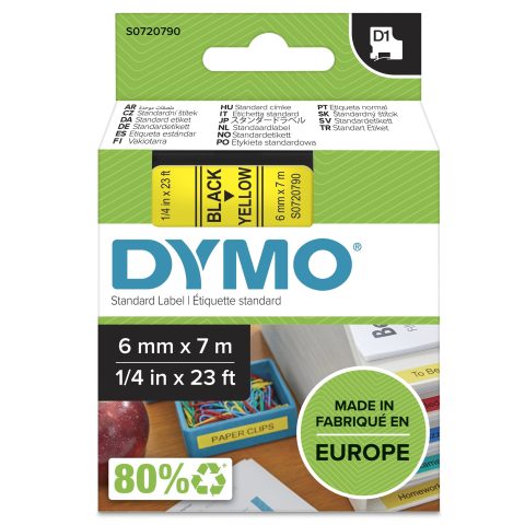 Dymo D1 Standard - Black on Yellow - 6mm marķēšanas lenta Melns uz dzeltena