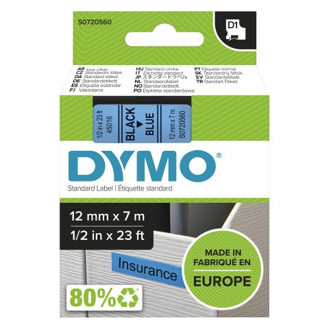 Dymo D1 Standard - Black on Blue - 12mm marķēšanas lenta Melns uz zila