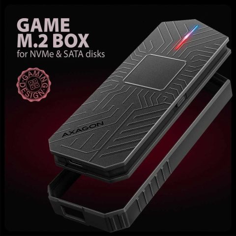 „AXAGON USB-C 10Gbps“ – M.2 NVMe un SATA SSD GAME M.2 kaste